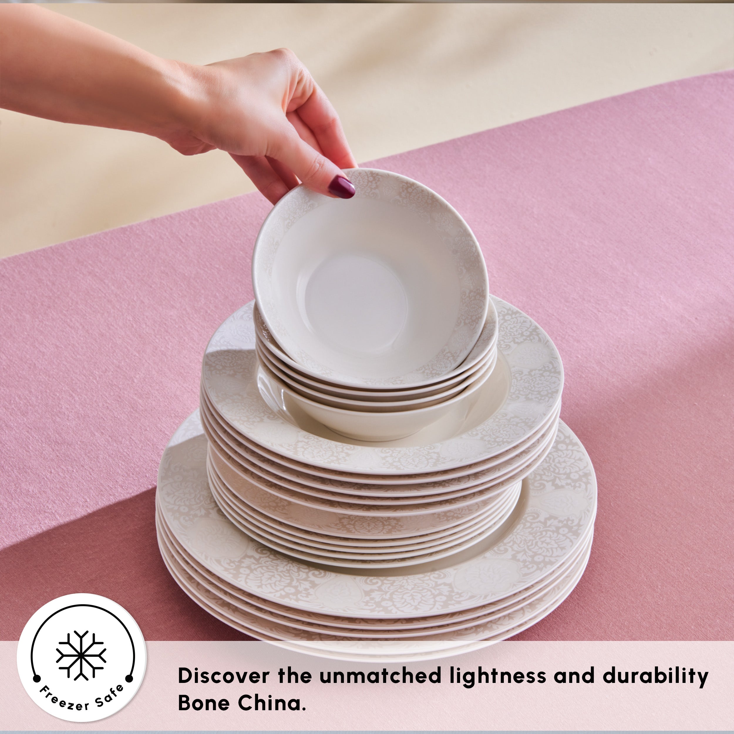 Karaca Forever Bone China New Olio 53-Piece Dinner Set for 12 People,