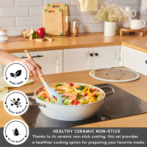 Karaca Swiss Crystal Almond Cream Non-Stick Induction Stainless Steel Handle Shallow Casserole & Lid, 30cm, Cream