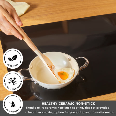 Karaca Swiss Crystal Almond Cream Non-Stick Induction Stainless Steel Handle Shallow Pan, 16cm, Cream