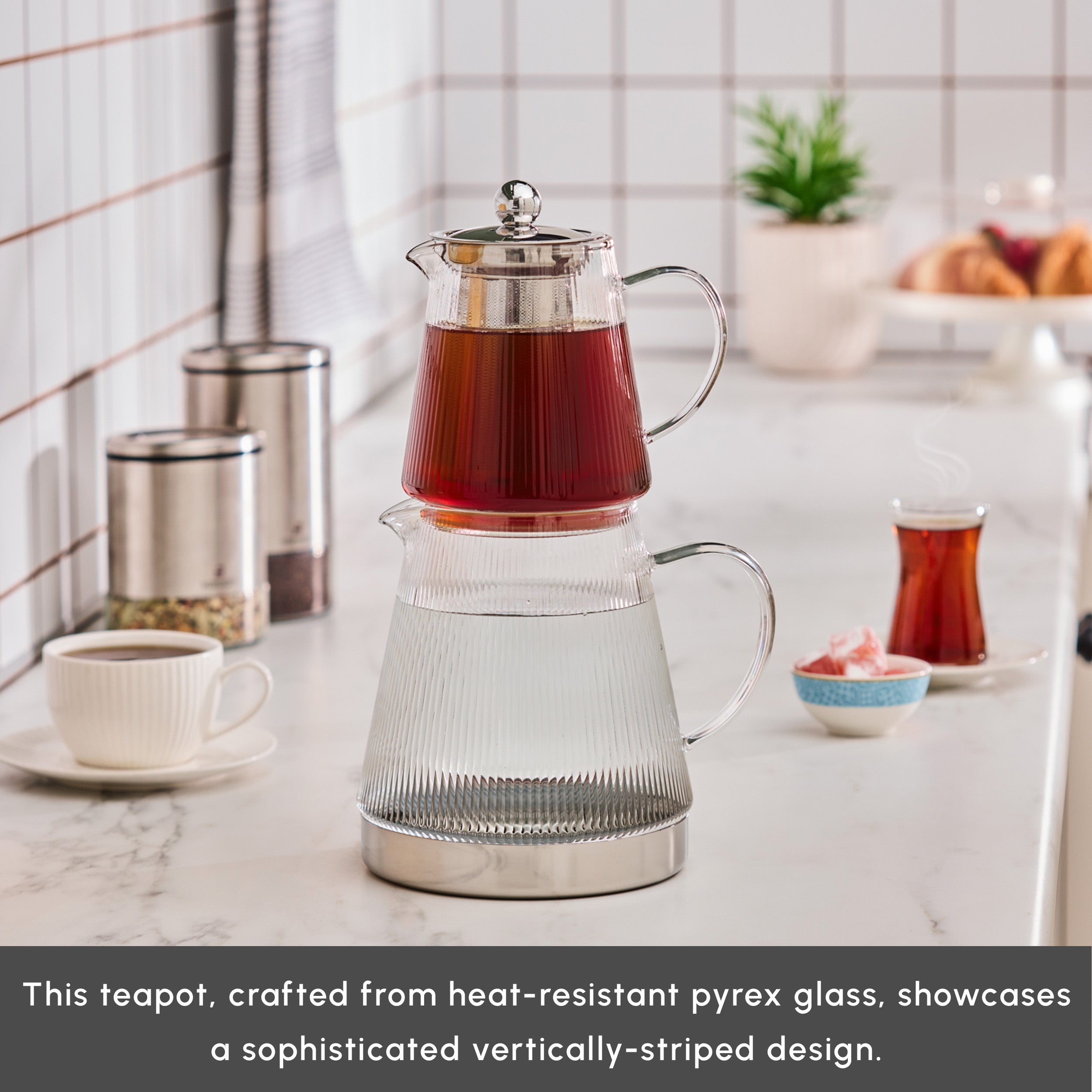 Karaca Keops XL Borosilicate Glass Teapot Set, Silver