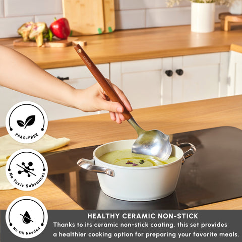 Karaca Swiss Crystal Almond Cream Non-Stick Induction Stainless Steel Handle Casserole & Lid, 20cm, Cream