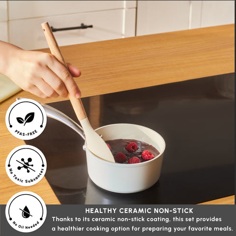 Karaca Swiss Crystal Almond Cream Non-Stick Induction Stainless Steel Handle Sauce Pan, 14cm, Cream