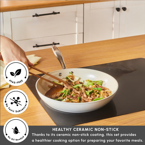 Karaca Swiss Crystal Almond Cream Non-Stick Induction Stainless Steel Handle Pan, 30cm, Cream