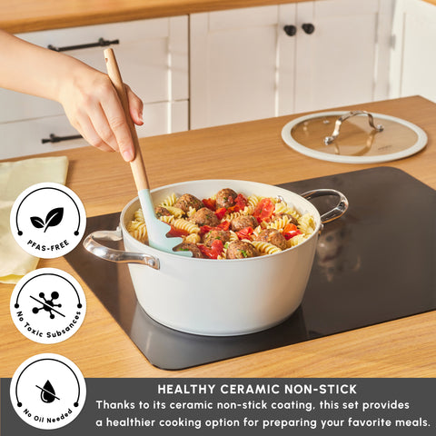 Karaca Swiss Crystal Almond Cream Non-Stick Induction Stainless Steel Handle Casserole & Lid, 24cm, Cream