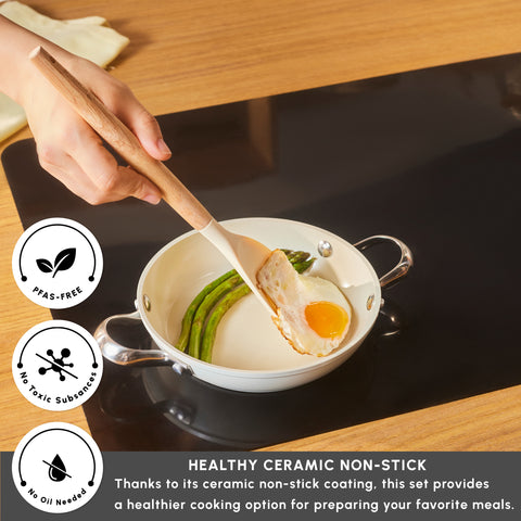 Karaca Swiss Crystal Almond Cream Non-Stick Induction Stainless Steel Handle Shallow Pan, 18cm, Cream