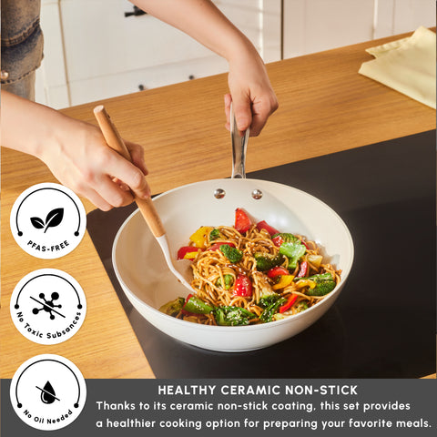 Karaca Swiss Crystal Almond Cream Non-Stick Induction Handle Wok, 28cm, Cream