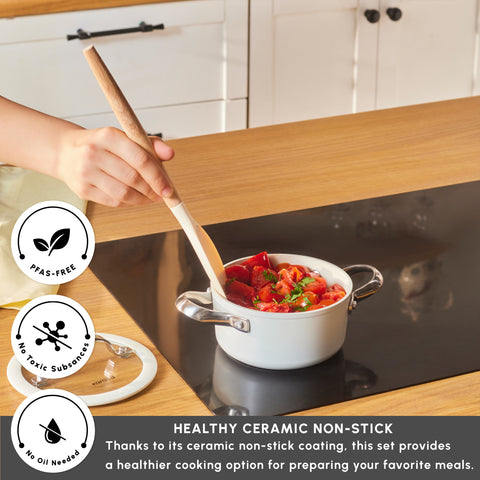 Karaca Swiss Crystal Almond Cream Non-Stick Induction Stainless Steel Handle Casserole & Lid, 14cm, Cream