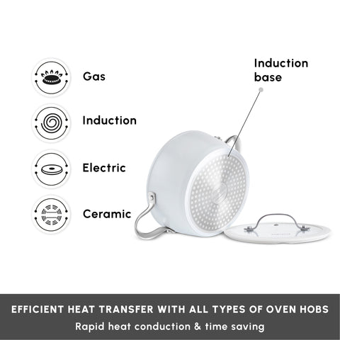 Karaca Swiss Crystal Almond Cream Non-Stick Induction Stainless Steel Handle Shallow Casserole & Lid, 26cm, Cream