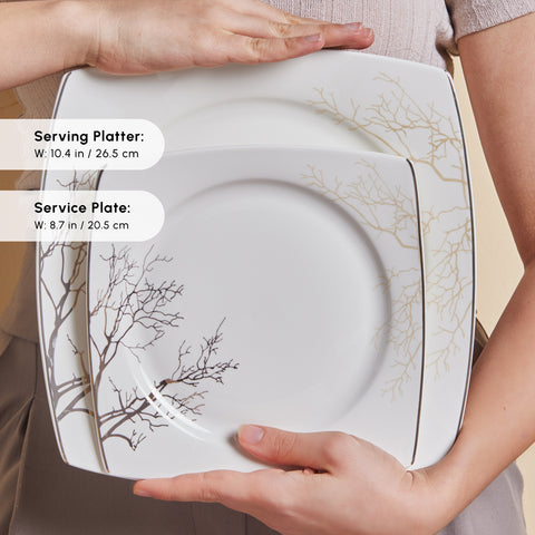 Karaca Square Bone China Autumn 53-Piece Dinner Set for 12 People, White