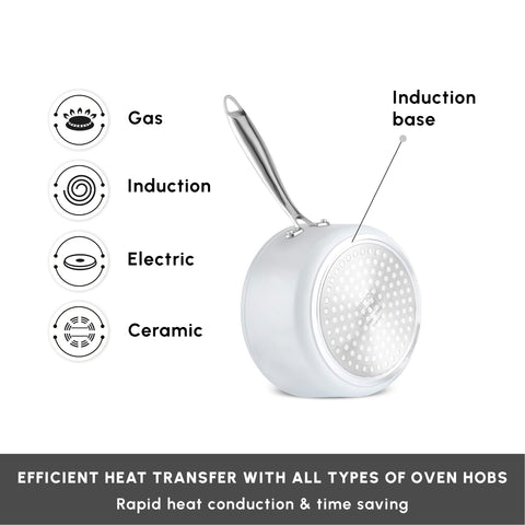 Karaca Swiss Crystal Almond Cream Non-Stick Induction Stainless Steel Handle Sauce Pan, 18cm, Cream