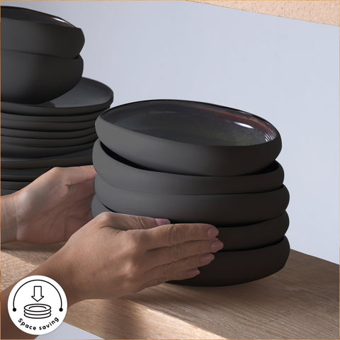 Karaca Earth Collection New Galactic Reactive Glaze 55-Piece Dinner Set for 12 People, Black