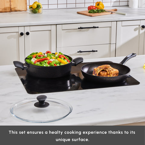 Karaca Blackgold Biogranite 3-Piece Non-Stick  Induction Cookware Set, Black Gold
