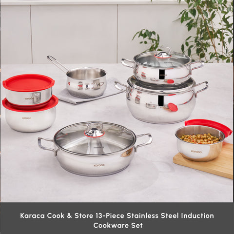 Karaca Cook & Store 13-Piece Stainless Steel Induction Cookware Set, Silver