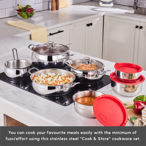 Karaca Cook & Store 13-Piece Stainless Steel Induction Cookware Set, Silver