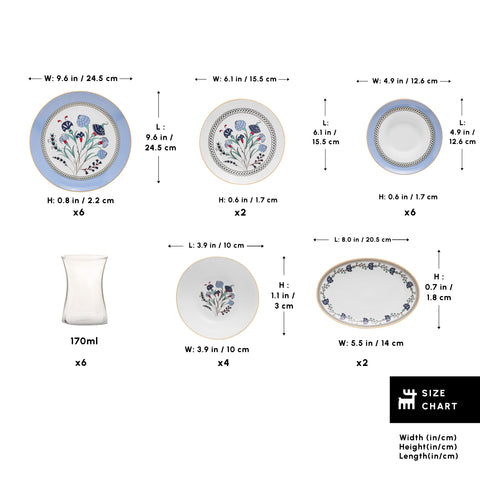 Karaca Bone China Blue Clove 26-Piece Serveware Set for 6 People, Multi