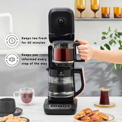 Karaca Çaysever Robotea Pro 4 in 1 Talking Automatic Glass Tea Machine, Water Heater, and Filter Coffee Brewing Machine, 2500W, Black Copper