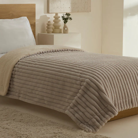 Karaca Stripe Sherpa Blanket, 150x200cm, Single, Light Grey