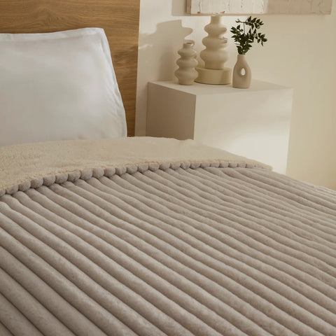 Karaca Stripe Sherpa Blanket, 150x200cm, Single, Light Grey