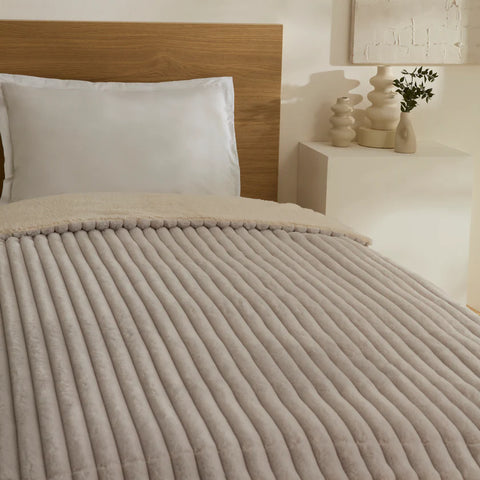 Karaca Stripe Sherpa Blanket, 150x200cm, Single, Light Grey