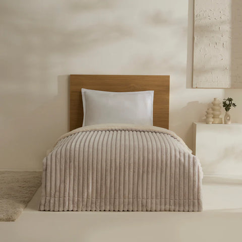 Karaca Stripe Sherpa Blanket, 150x200cm, Single, Light Grey