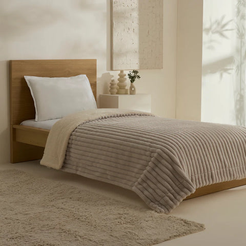 Karaca Stripe Sherpa Blanket, 150x200cm, Single, Light Grey