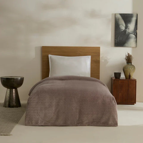 Karaca Leaves Wellsoft Blanket, Double, 200x220cm, Stone