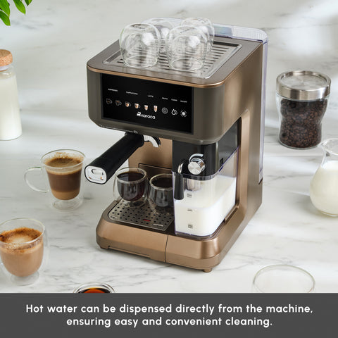 Karaca MyCaffe Barista S10 Espresso, Latte & Cappuccino Coffee Machine with Integrated Milk Tank, 1,8L, 1350W, Walnut Brown
