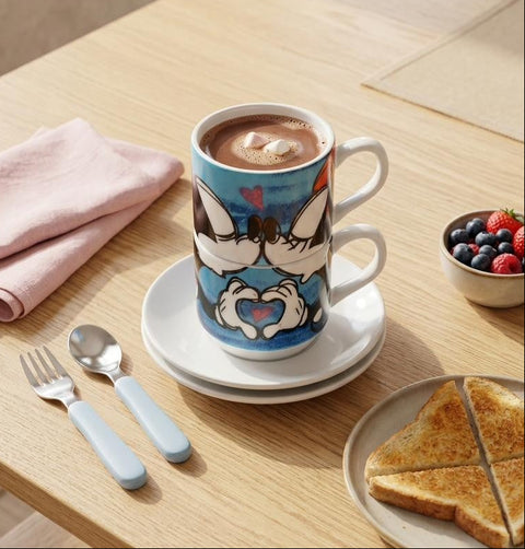 Egan Italy Love Sweet Love 4-Piece Porcelain Espresso Turkish Coffee Cup Set for 2 People, 80ml, Blue