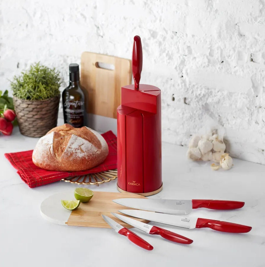 Karaca Retro 5 Piece Knife Block Set, Red