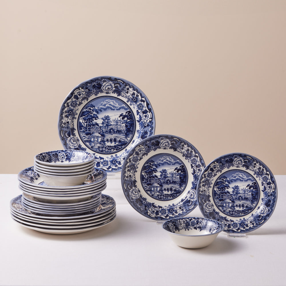 Karaca Old Town 24-Piece Stoneware Dinner Set for 6 People, Blue
