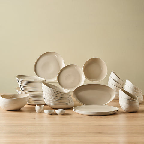 Karaca Earth Collection Rise Stoneware 55-Piece Dinner Set for 12 People, Cream