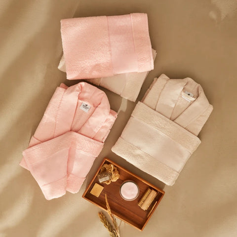 Karaca Home Casita Flos 6 Piece 100% Turkish Cotton Family Robe Set, Stone, Pink
