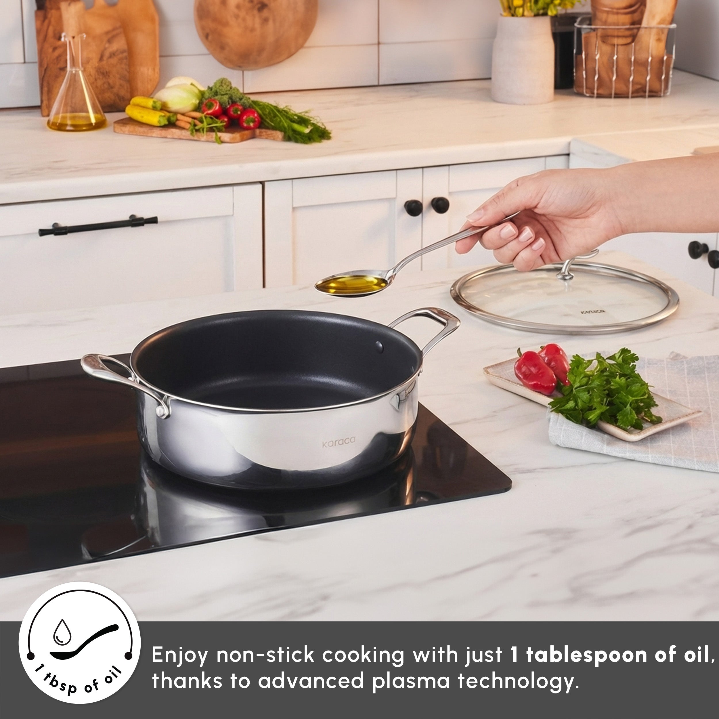 k-mama Karaca Plasma Steel 3Ply Non-Stick Induction Shallow Casserole, 30cm,