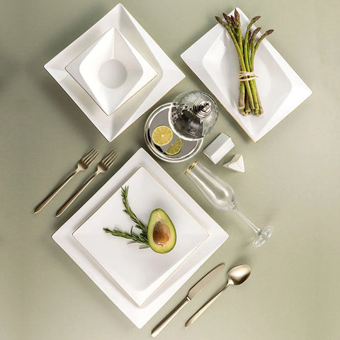 Jumbo Bone China Fold 58-Piece Dinner Set for 12 People, Gold
