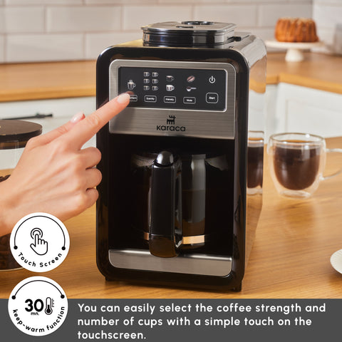 Karaca Grindbrew Pro Filter Coffee Machine with Built-in Grinder, 0,85L, 640W, Inox