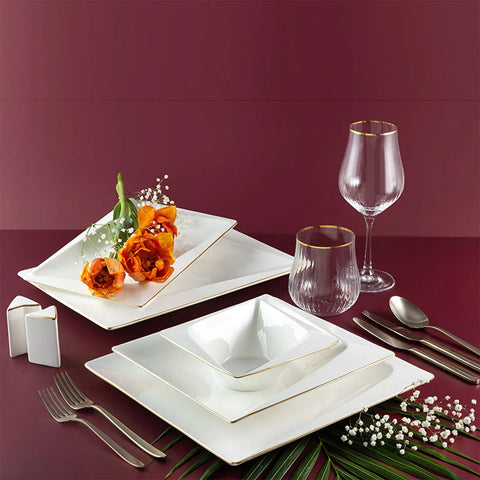 Jumbo Bone China Fold 58-Piece Dinner Set for 12 People, Gold