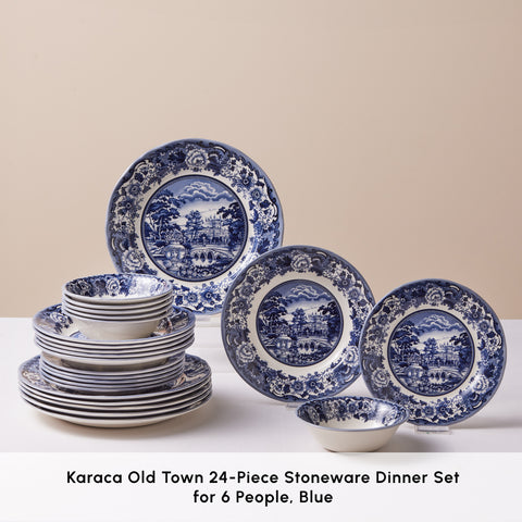 Karaca Old Town 24-Piece Stoneware Dinner Set for 6 People, Blue