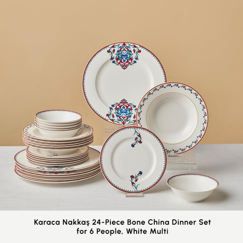 Karaca Nakkaş 24-Piece Bone China Dinner Set for 6 People, White Multi