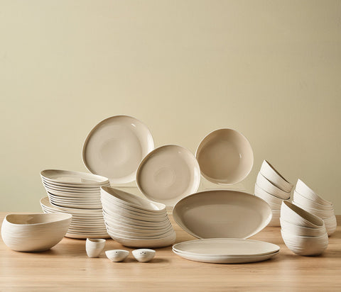 Karaca Earth Collection Rise Stoneware 55-Piece Dinner Set for 12 People, Cream