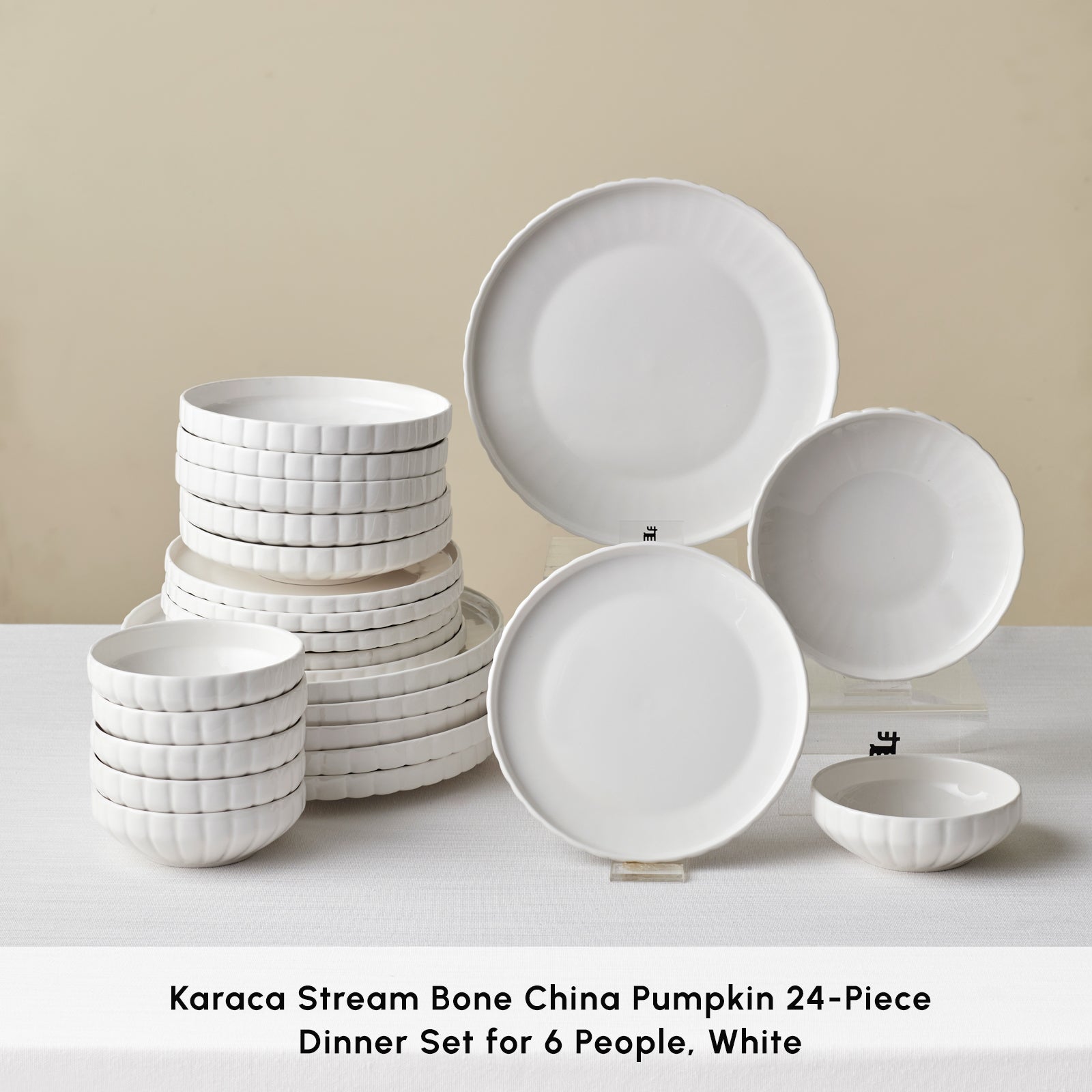 Karaca Stream Bone China Pumpkin 24-Piece Dinner Set for 6 People, Whi
