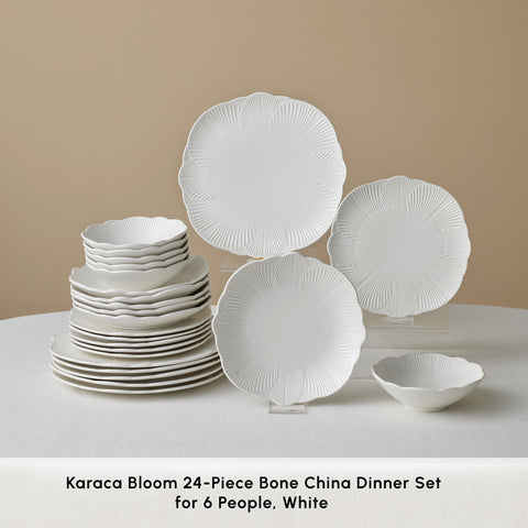 Karaca Bloom Bone China 24-Piece Dinner Set for 6 People, White