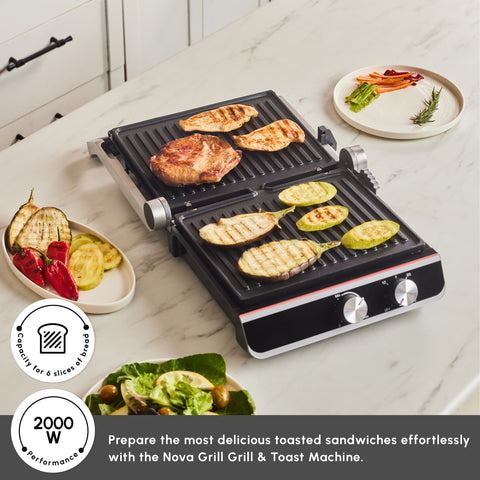 Karaca Nova Grill 6-Slice Capacity Stainless Steel Contact Grill and Sandwich Toaster with Timer, 2000W, Inox