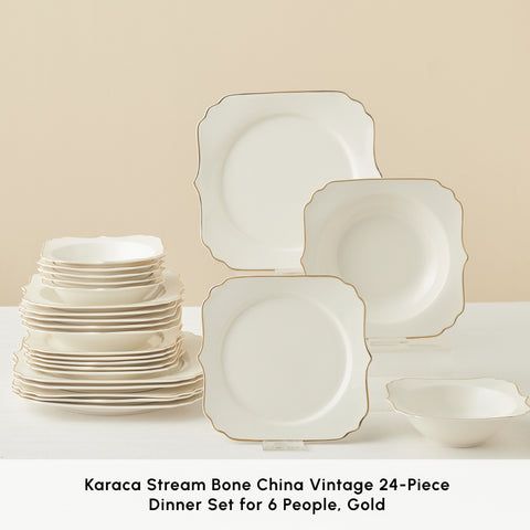 Karaca Stream Bone China Vintage 24-Piece Dinner Set for 6 People, Gold