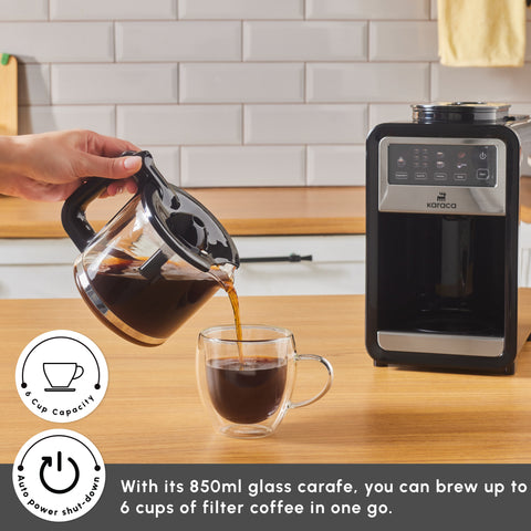 Karaca Grindbrew Pro Filter Coffee Machine with Built-in Grinder, 0,85L, 640W, Inox