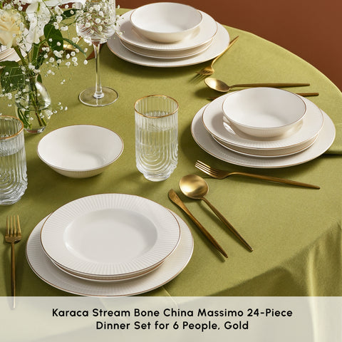 Karaca Stream Bone China Massimo 24-Piece Dinner Set for 6 People, Gold