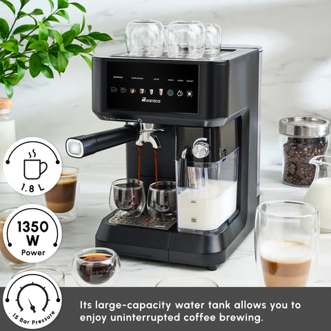 Karaca MyCaffe Barista S10 Espresso, Latte & Cappuccino Coffee Machine with Integrated Milk Tank, 1,8L, 1350W, Matte Black