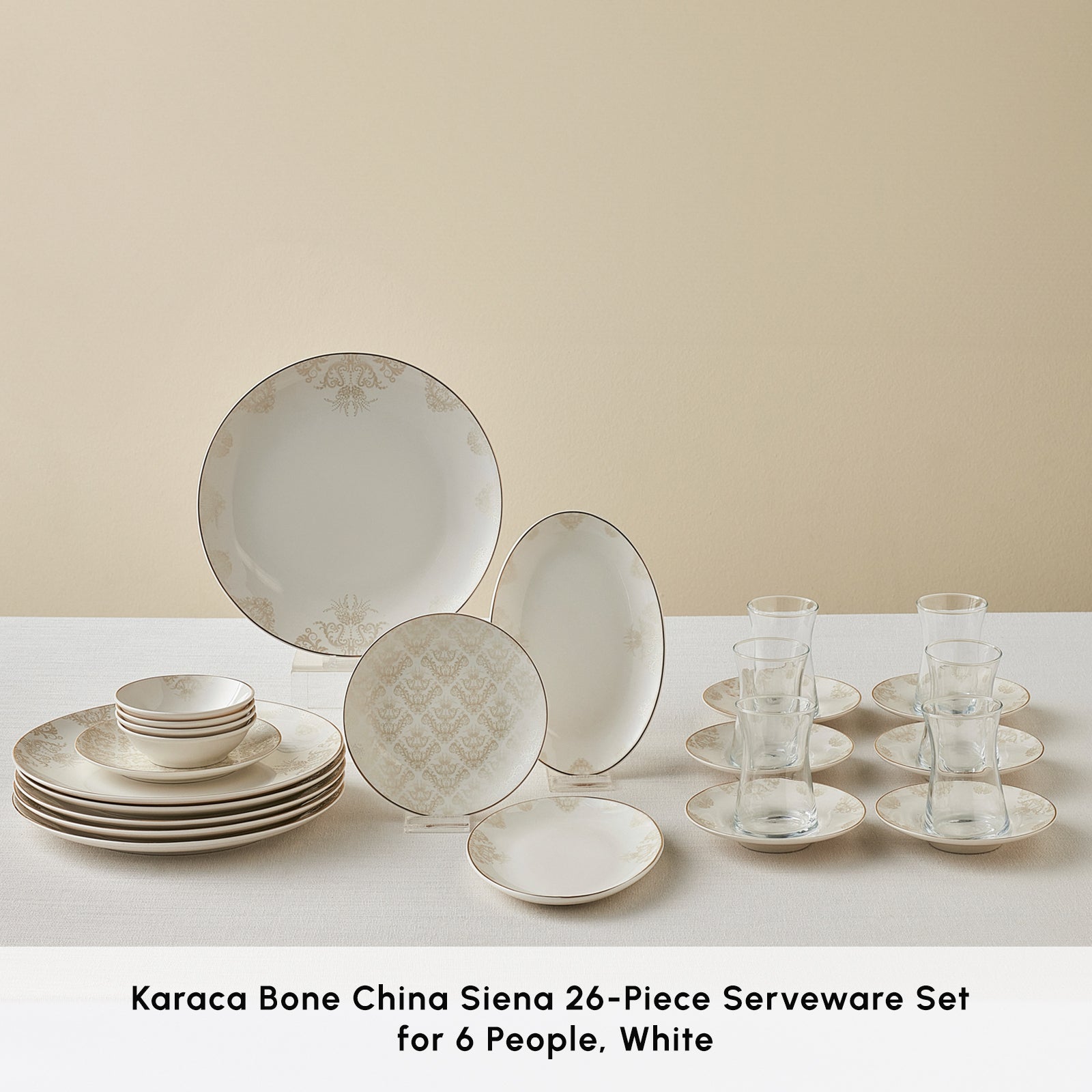 　Bone China Karaca Bone China Siena 26-Piece Serveware Set for 6 People, White