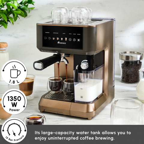 Karaca MyCaffe Barista S10 Espresso, Latte & Cappuccino Coffee Machine with Integrated Milk Tank, 1,8L, 1350W, Walnut Brown