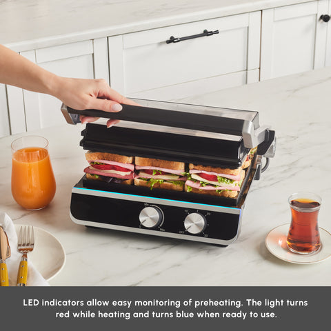 Karaca Nova Grill 6-Slice Capacity Stainless Steel Contact Grill and Sandwich Toaster with Timer, 2000W, Inox