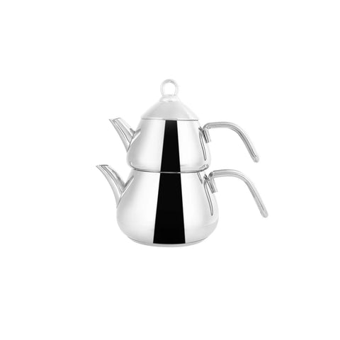 Karaca 3 Piece Stainless Steel Induction Teapot Set with Porcelain Teapot, Medium, Silver